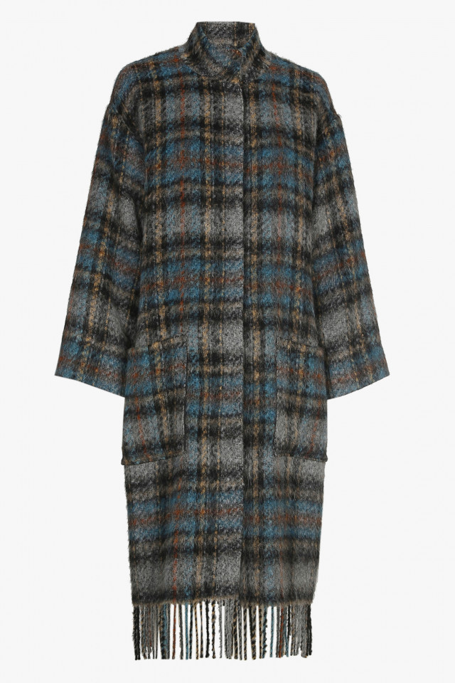 Long checked coat in blue and grey