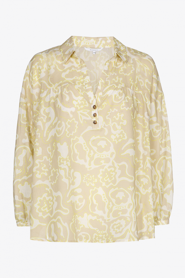 Beige blouse with white and yellow print