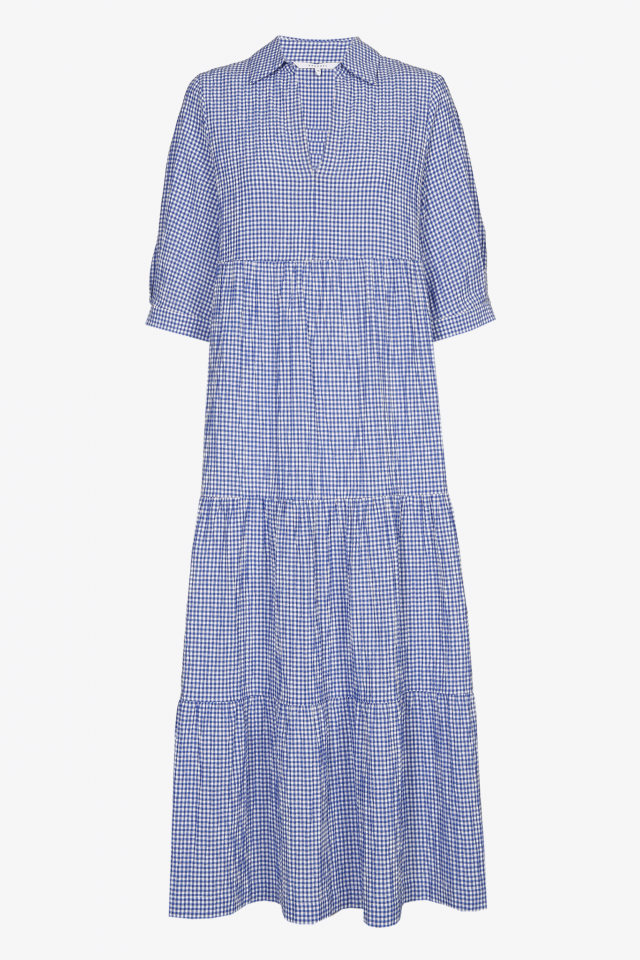 Lange jurk met vichy-ruitjes in wit en blauw