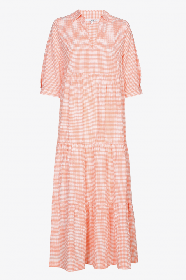 Long dress with Vichy checks in white and coral