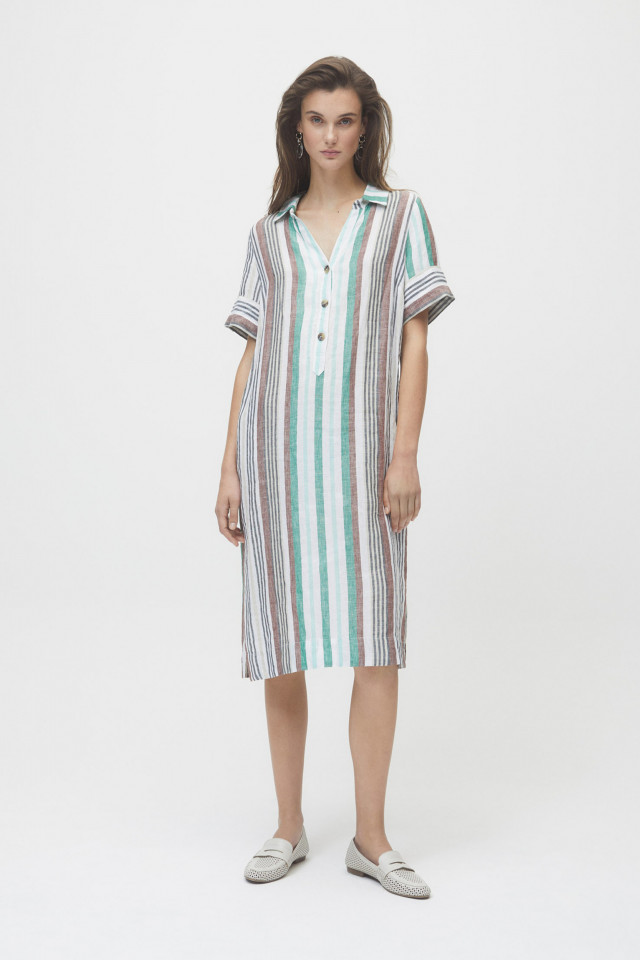 Long linen dress with green stripes