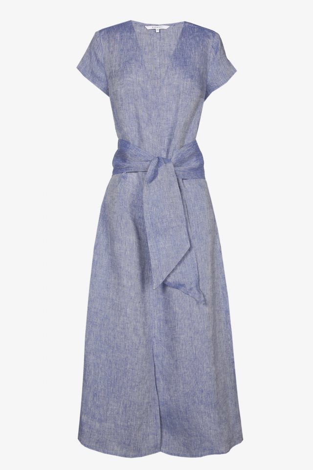 Blue linen dress with ribbon