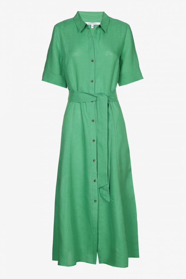 Green linen shirt dress