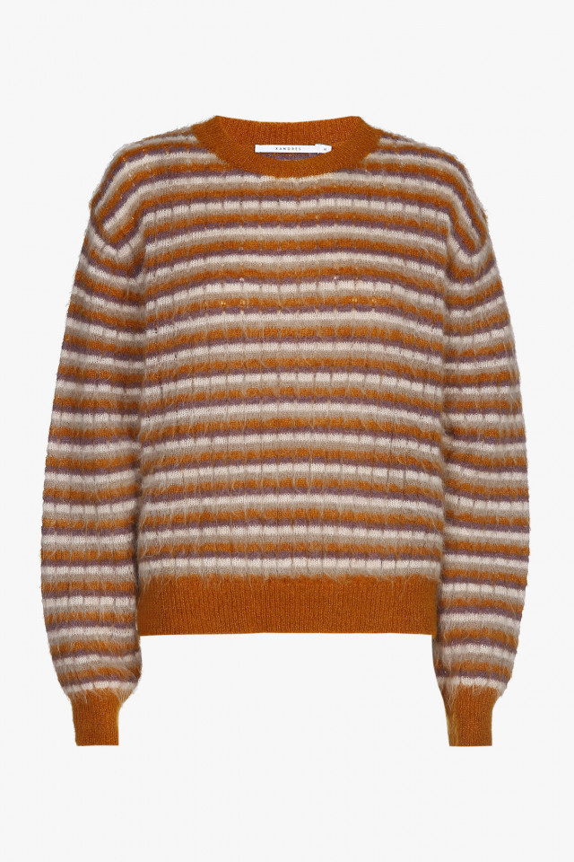 Knitted pullover with brown, grey and purple stripes