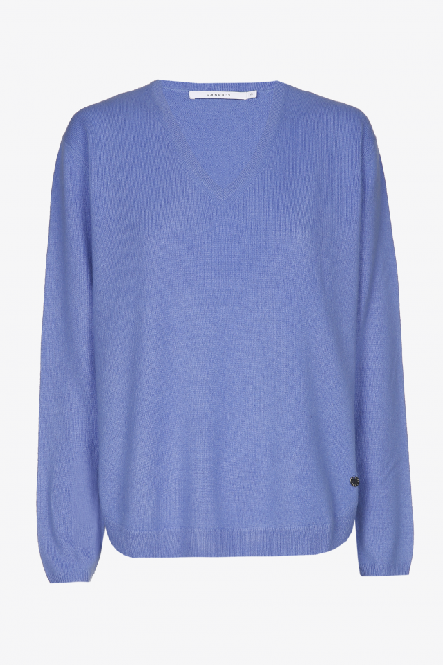 Blue cashmere pullover with V-neck