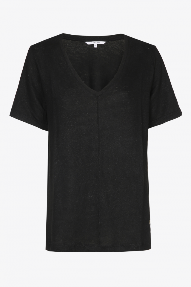 Zwart linnen T-shirt V-hals