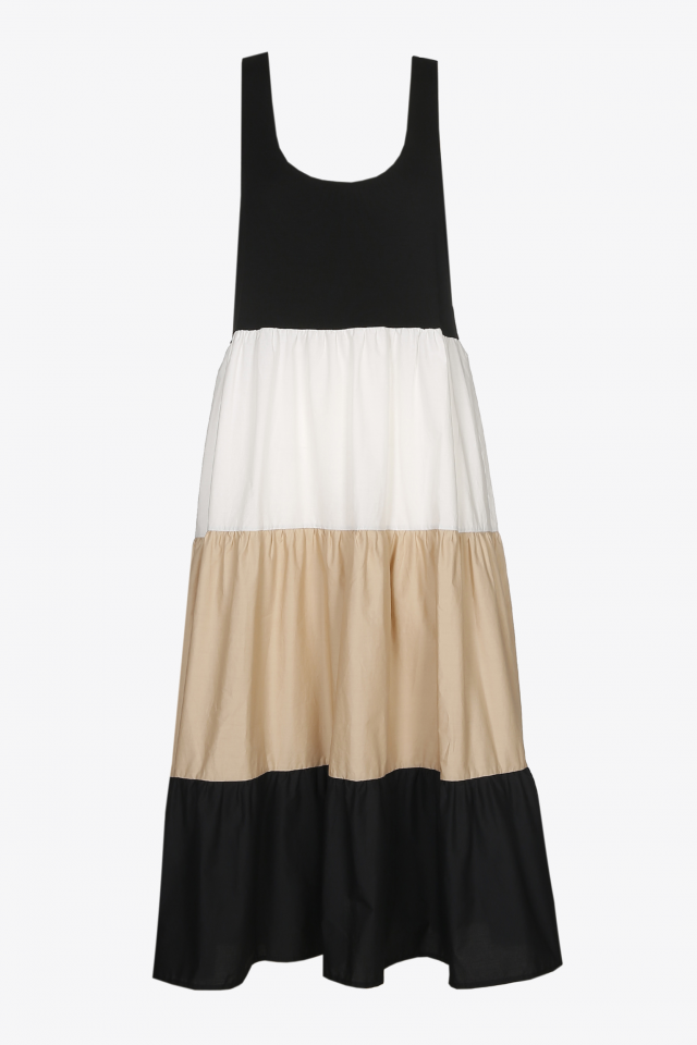 Long sleeveless dress in black, beige and white