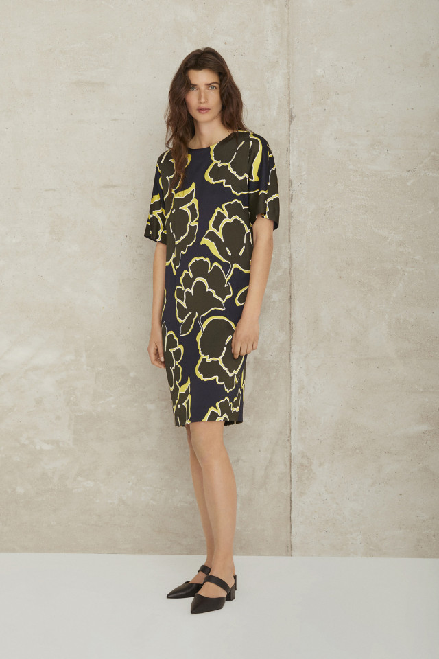 Straight khaki dress with print