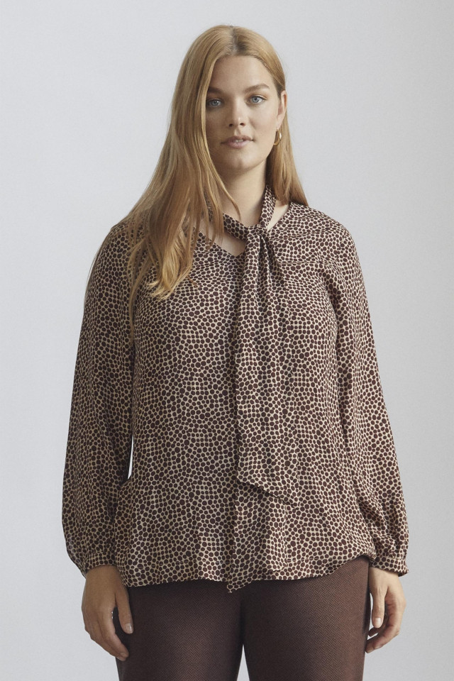 Beige blouse with brown polka dot print