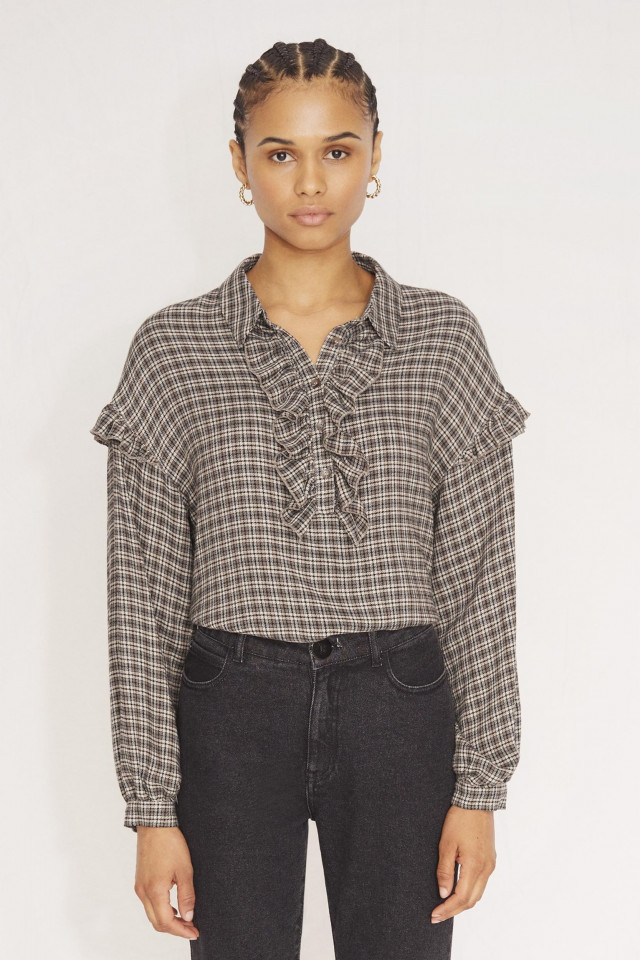 Checked blouse in beige, brown, grey and black