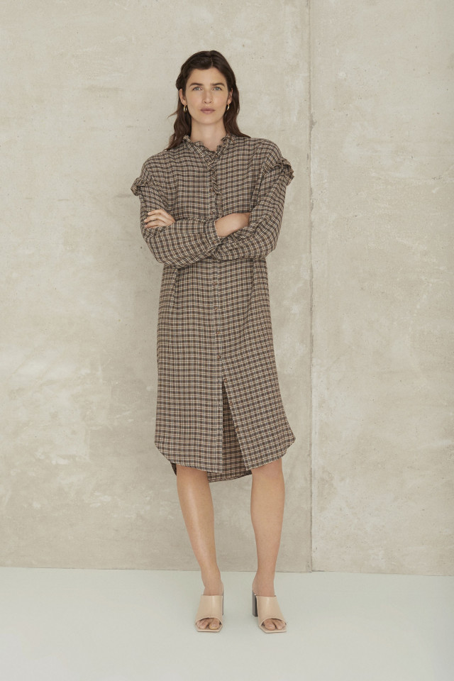 Checked dress in beige, brown, grey and black