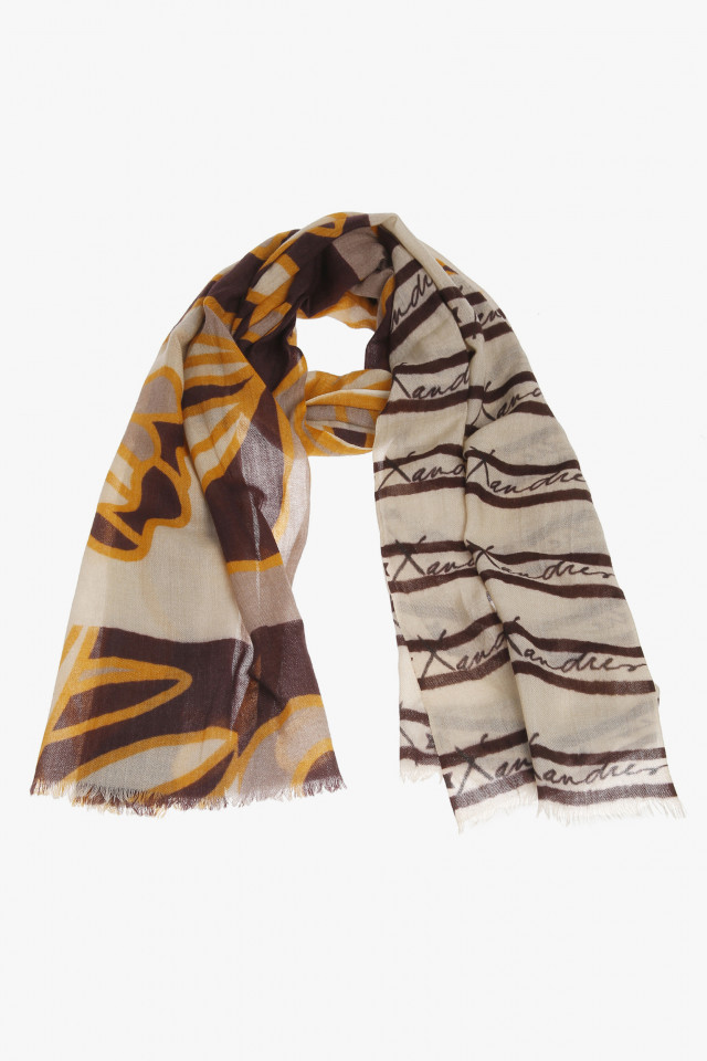 Beige scarf with brown and yellow print