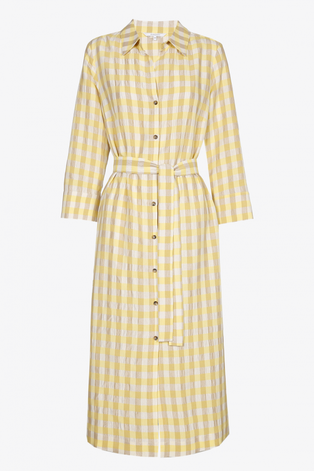 Yellow and brown checked shirt dress with 3/4 sleeves