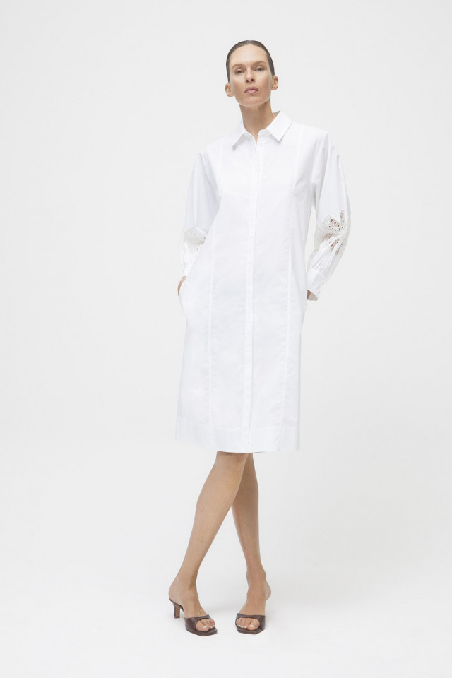 White midi shirt dress with long sleeves