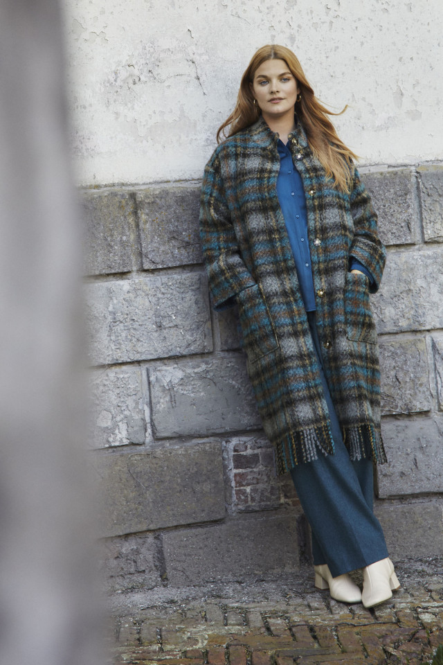 Long blue and grey checked coat