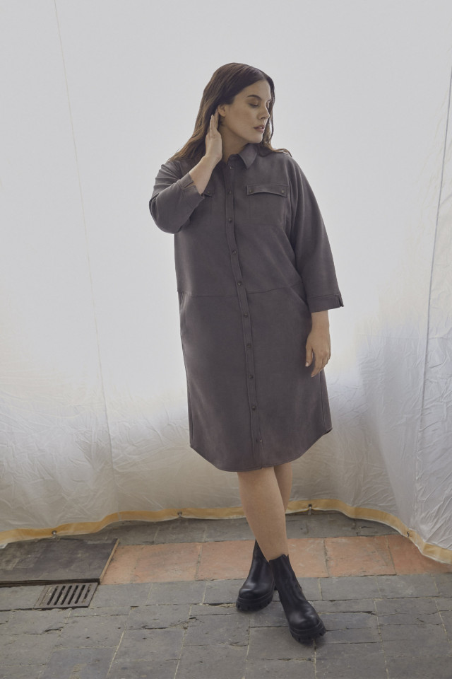 Taupe shirt dress in suede