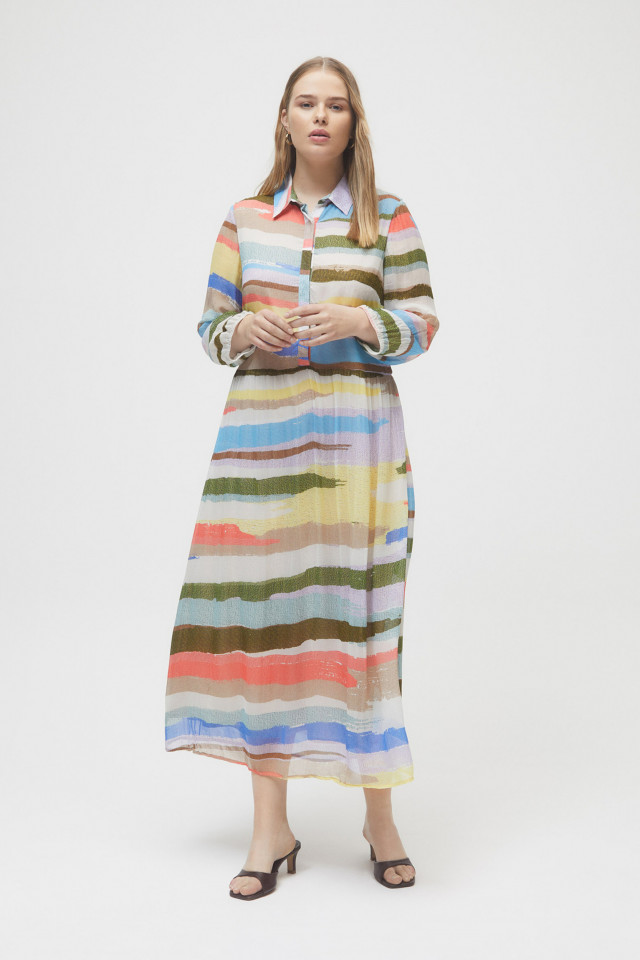 Long, colourful dress with stripes