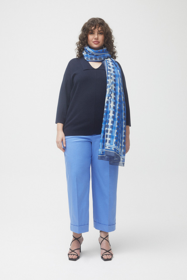 Wide blue summer trousers with elastic at the waist