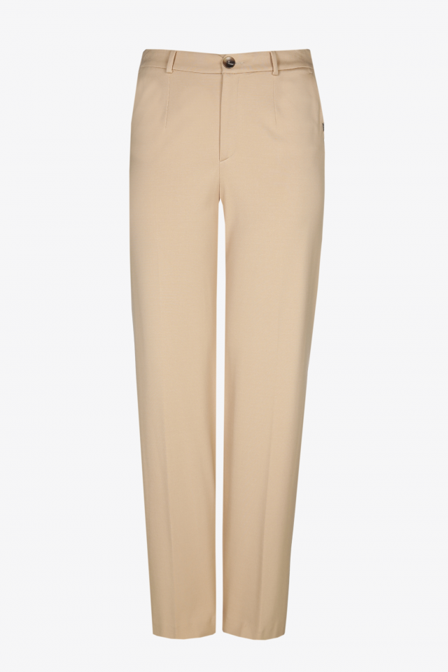 Pantalon large beige avec pli marqué et élastique à la taille
