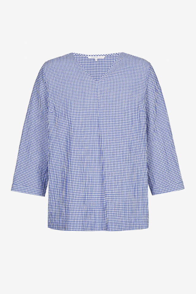 Blouse with white and blue Vichy checks and V-neck