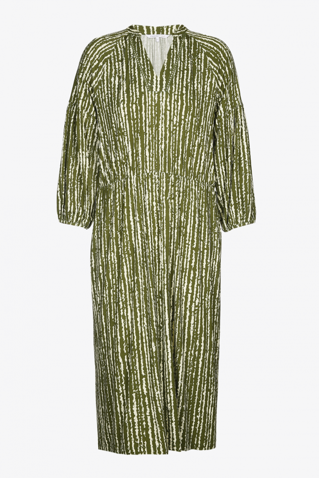 Long green dress with ecru print