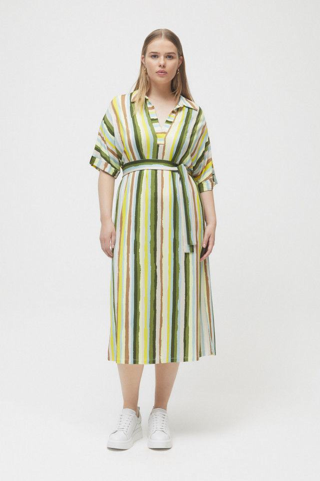 Midi dress with stripes in yellow and green