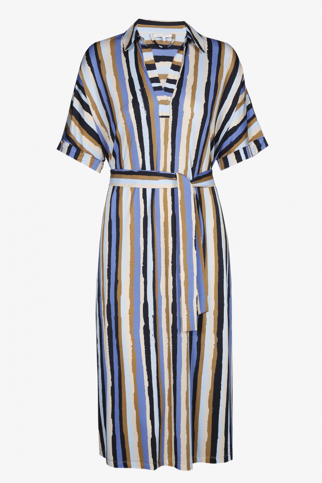 Mid-length dress with brown and blue stripes
