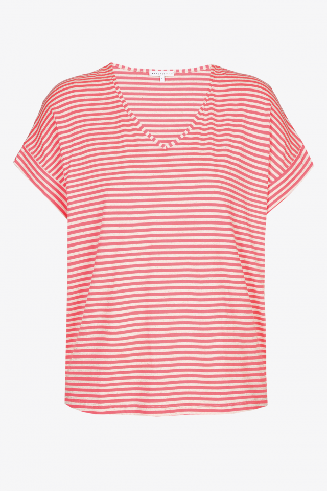 Red and white striped T-shirt with V-neck