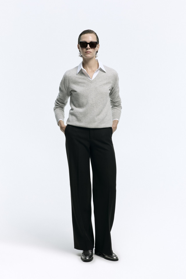 Lookbook: Dressy wide-leg trousers + Cashmere sweater + Organic cotton shirt