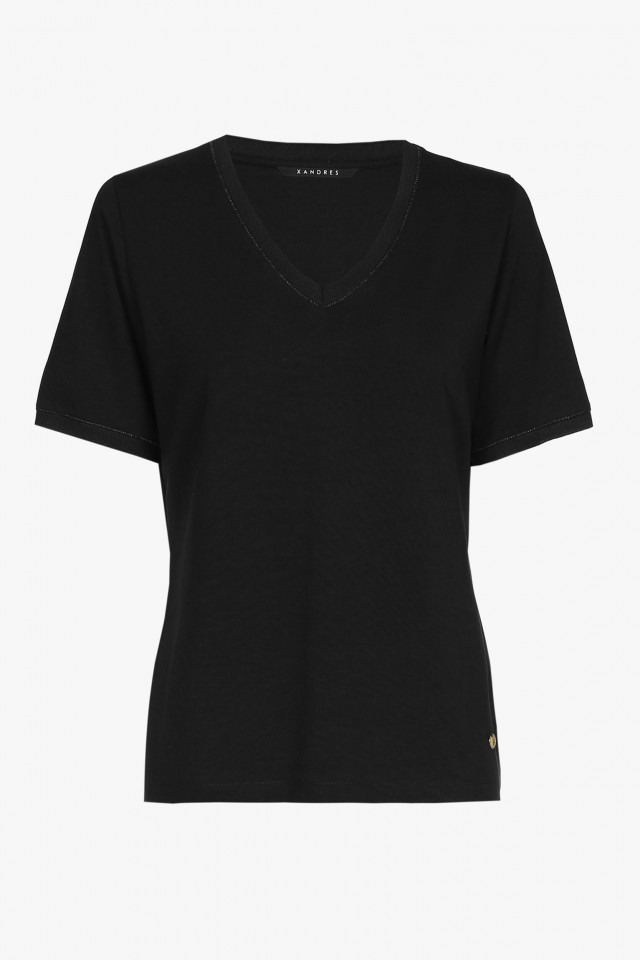 Zwart T-shirt met V-hals en korte mouwen