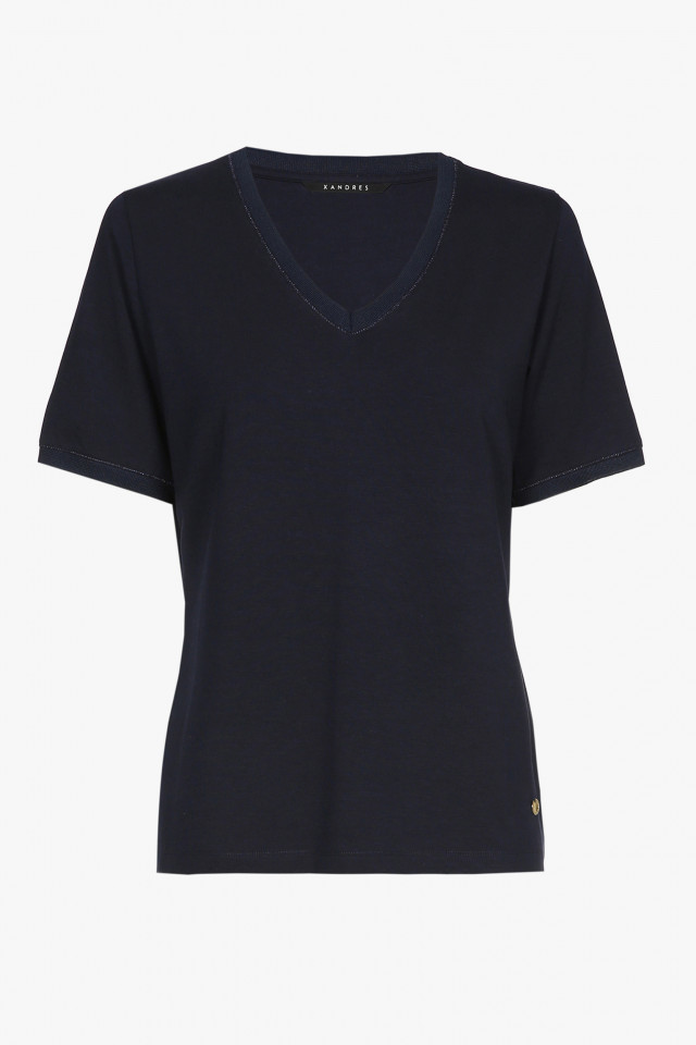 Navy-blue, short-sleeved T-shirt with a V-neck