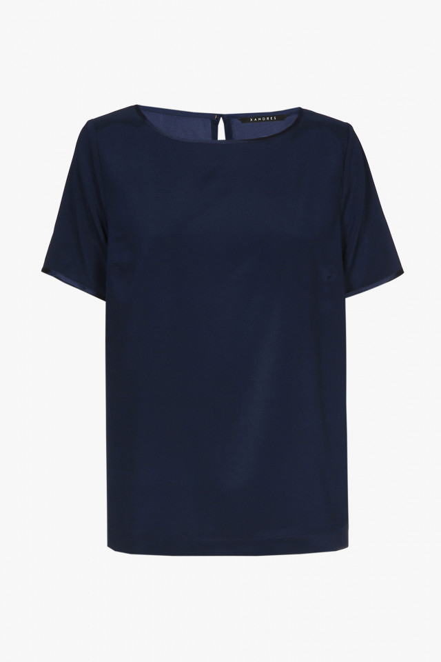 Navyblaues Kurzarm-T-Shirt aus Seide
