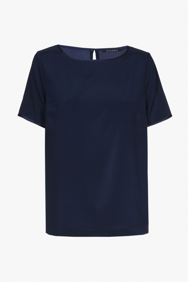 Navy-blue silk short-sleeved T-shirt