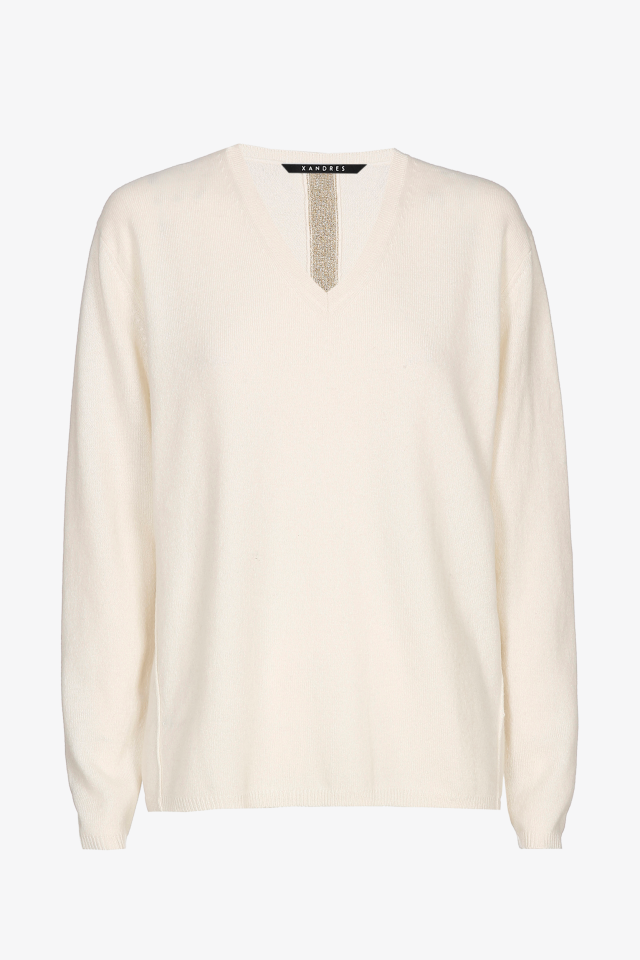 Weißer Cashmere Pullover mit V-Ausschnitt