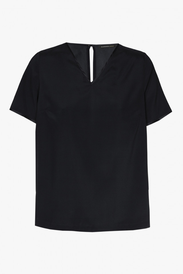Zwart zijden T-shirt met V-hals en korte mouwen