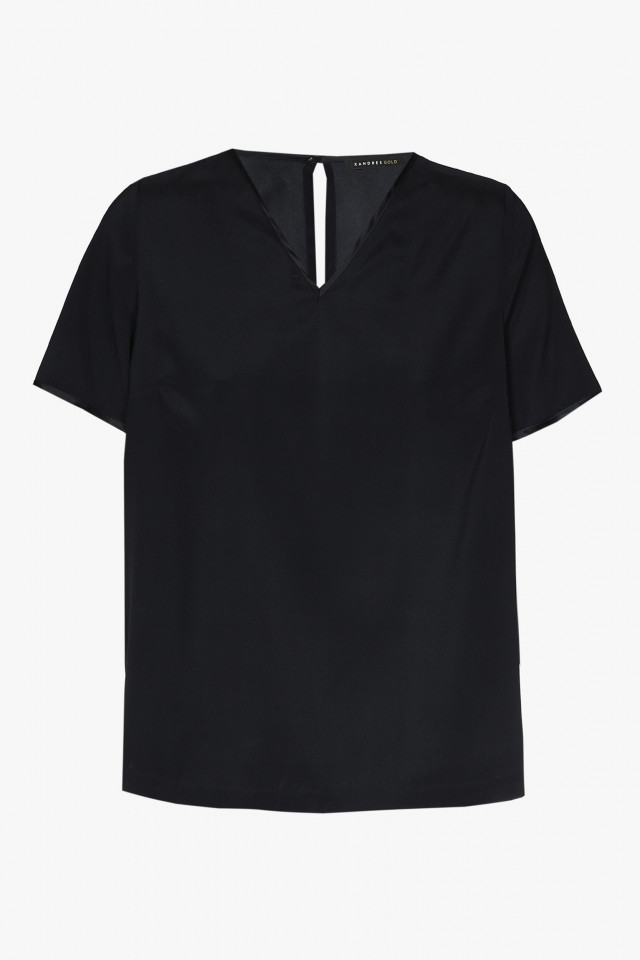 Black silk T-shirt with a V-neck and short sleeves