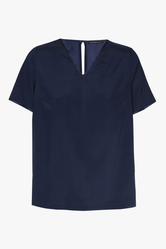Navyblaues Seiden-T-Shirt mit V-Ausschnitt und kurzen Ärmeln