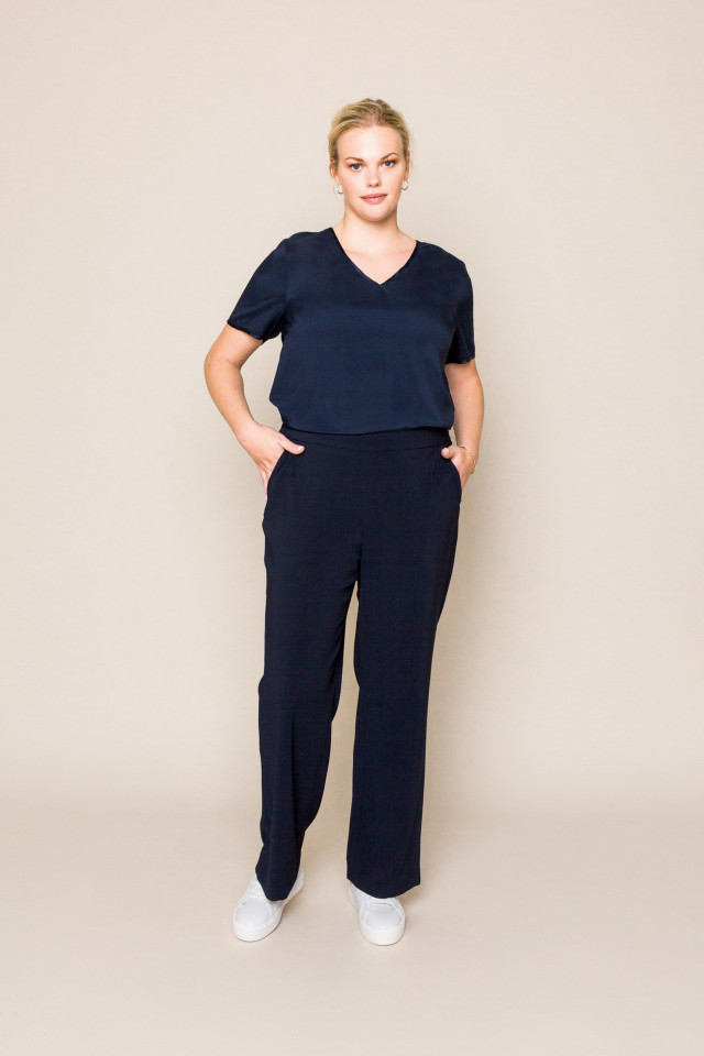 Navy-blue, loose-fitting trousers