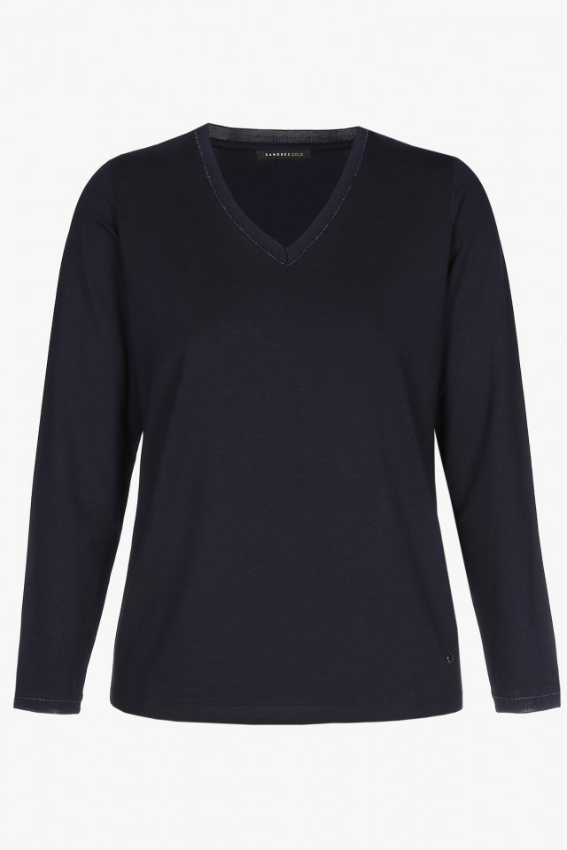 Navy-blue, long-sleeved T-shirt with a V-neck
