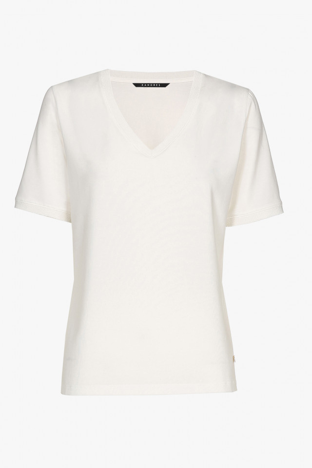 Off-white, short-sleeved T-shirt with a V-neck