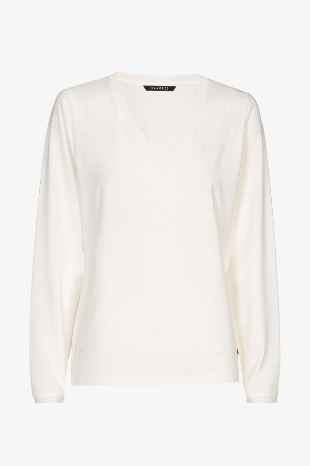 Ecru, long-sleeved T-shirt with a V-neck