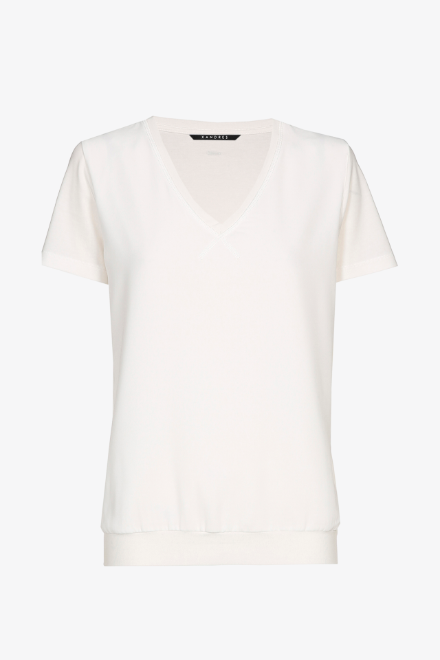Ecrufarbenes T-Shirt mit V-Ausschnitt