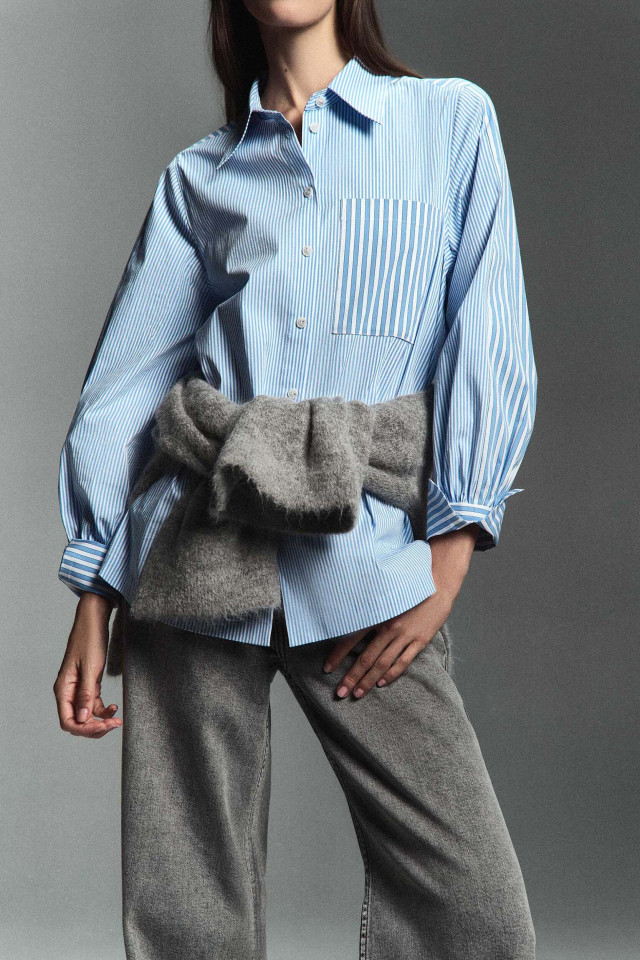 Lookbook: Dual-stripe hemdblouse + Polo in Milano brei + Jeans met wijde pijpen