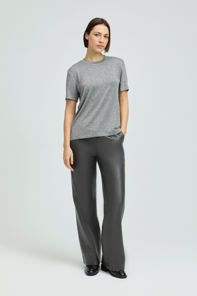 Lookbook: Kunstlederhose + Lurex-T-Shirt mit Rundhalsausschnitt + Stilvolle Slipper