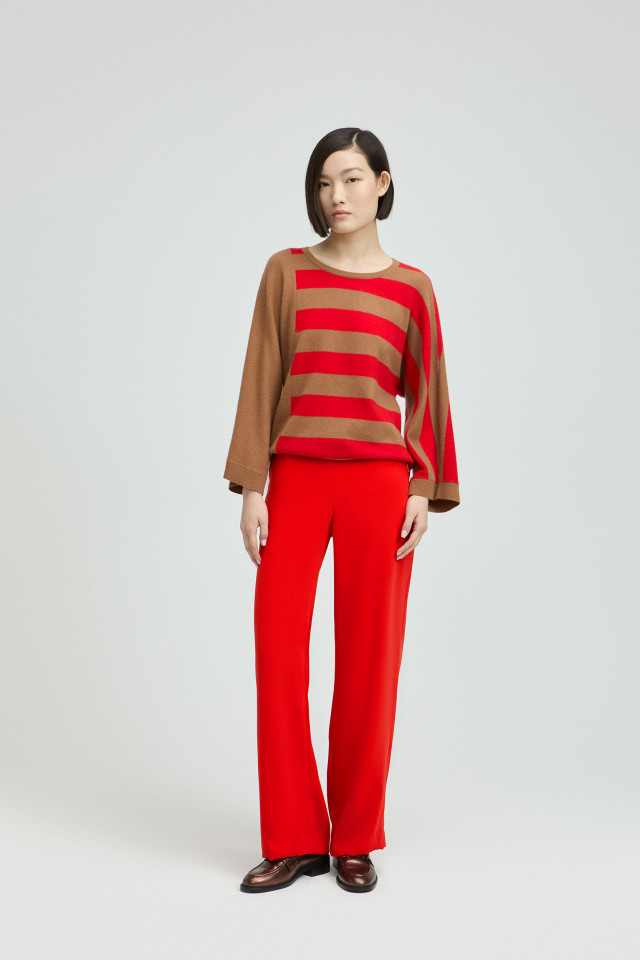 Lookbook: Asymmetrische trui met strepen + Geklede broek met wijde pijpen + Stijlvolle loafers