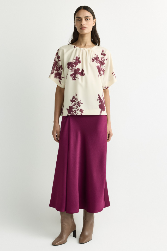 Lookbook: Satijnen rok met drapage + Satijnen blouse met fronsje + Lederen enkellaars