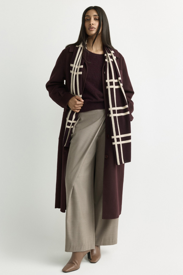 Lookbook: Smart trousers with pleated detail + Block print scarf + Cashmere blend jumper + Long coat with wool + Leather ankle boots