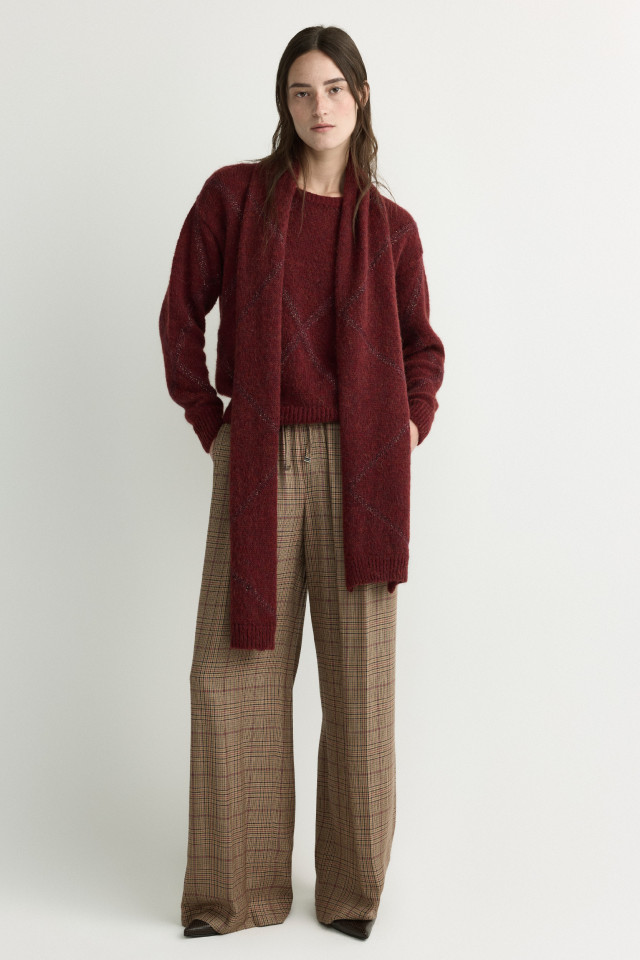 Lookbook: Trui met ruiten + Sjaal met ruitenprint + Geruite broek met wijde pijpen + Lederen slingback