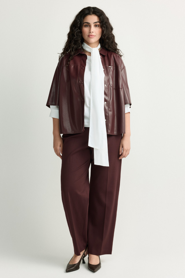 Lookbook: Faux leather blouse + T-shirt with detachable bow + Leather slingbacks + Soft trousers with straight legs