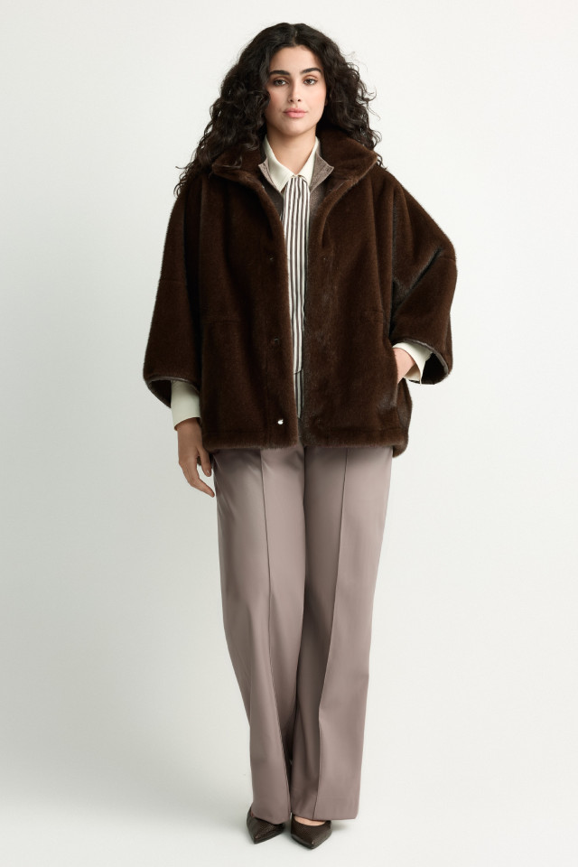 Lookbook: Faux leather trousers + Blouse with striped tie + Merino wool waistcoat + Faux fur jacket + Leather slingbacks
